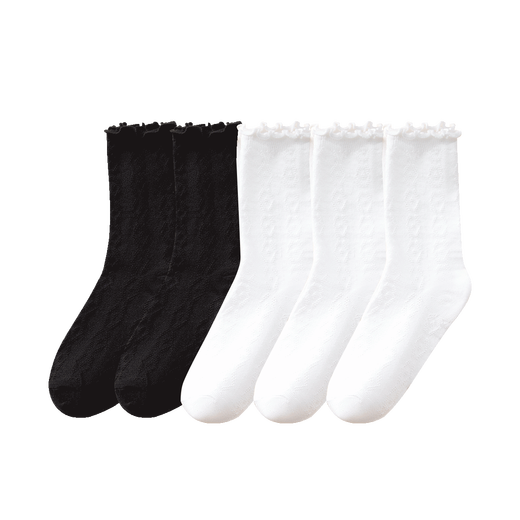 Siebenfarbige gesponnene Socken, lässige Damensocken, dünne Sommersocken mit Pilzrand, atmungsaktive Florsocken, mittellange Spitzensocken, 5 Paar