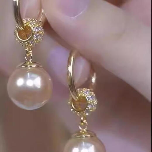君魄小众设计高级感满钻香槟色珍珠耳环女精致独特耳钉气质耳饰 897两戴珍珠钻球耳环