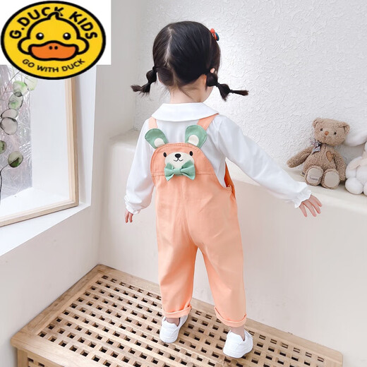 G.DUCKKIDS女童卡通背带裤2023春秋款儿童洋气裤子小童春季韩版宝宝春装 桔色 130 cm