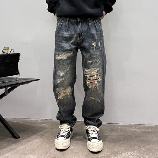 
Meiyao Spring and Autumn American casual and handsome graffiti printed retro jeans men's straight loose wide-leg floor dad pants, deep khaki color 9227 loose straight 30 120-130Jin[Jin equals 0.5 kg]