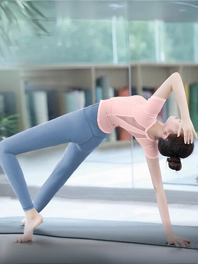 Shuangxiu Yoga Wear Suit for Women 2025 New Cool Quick-Drying Pilates Training Sports Short-Sleeved Fitness Top Summer Pink Top + Gray Blue Pants M 95-110