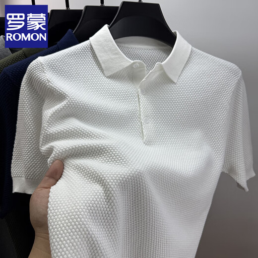 ROMON pineapple stitch knitted short-sleeved T-shirt men's lapel summer 100% cotton polo men's half-sleeved solid color clothes gray XL