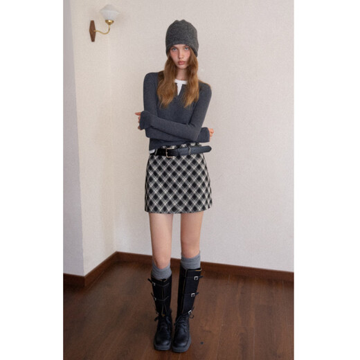 EGGKA Korean high-waist A-line plaid woolen skirt retro arm-wrap versatile short skirt E25B30166AF black S