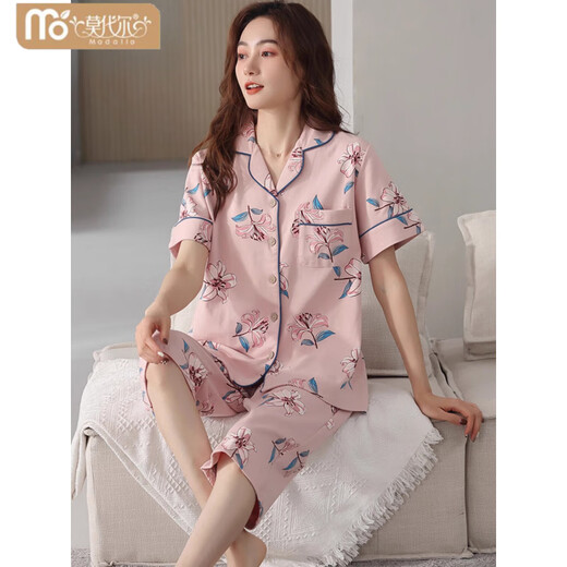 Victoria's style cotton pajamas for women's summer short-sleeved cropped pants cardigan style mother's large-size casual home clothing women's 2025 new style rose red NXF-9871 cotton M [suggested 80--100Jin [Jin equals 0.5 kg]]