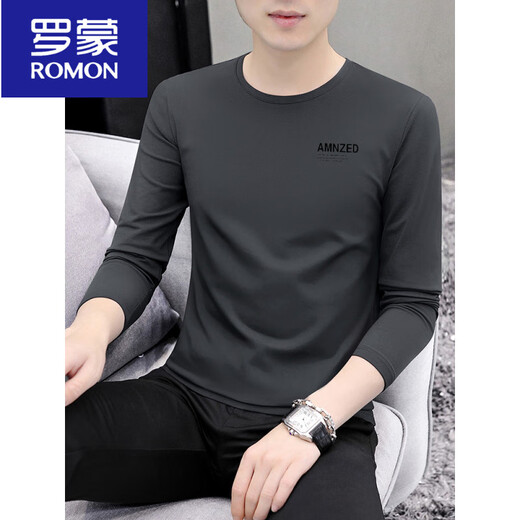 罗蒙（ROMON）百搭男士长袖t恤潮牌潮流纯色内搭秋装上衣服秋季秋衣修身打底衫 9209白色 M 90-115斤