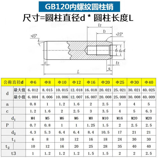 XMSJ40cr淬火GB120内螺纹圆柱销45#钢加硬攻牙销钉拔销模具定位销 12140内牙M62枚