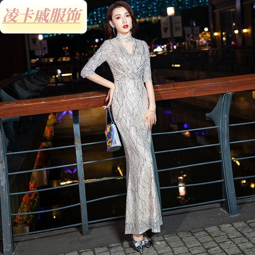 Lingka Qi Banquet Evening Dress Women's Sequin Annual Meeting Evening Dress Women's Light Luxury Niche High-end Temperament Celebrity Banquet Fishtail High-End Gray Sequin Halter Neck Long Style L