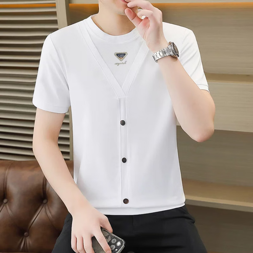 铠私乐（KMUYSL）夏季冰丝针织假两件短袖T恤男韩版修身痞帅凉感薄款半袖体恤上衣 6623白色 M (90-110斤)