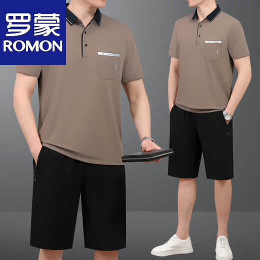罗蒙夏季款中老年男士爸爸装翻领薄款冰丝短袖短裤宽松运动服套装 691牛仔蓝 L 建议斤----120斤【体恤+裤子】