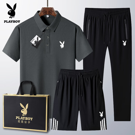 Playboy (Playboy) Daddy Ice Silk Manga Shorty Polo. Camisa Summer Sports informales para hombres de mediana edad Ropa del día del padre 6629 Estilos-Gris oscuro [Top + pantalones] M Wear 95-110Jin [Jin equivale a 0.5 kg]