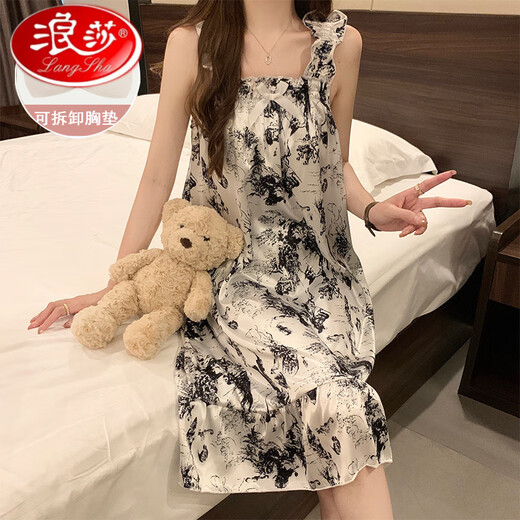 浪莎（LangSha）轻奢高档睡裙女夏季自带胸垫冰丝凉感吊带睡衣夏天女士甜美可爱家 3887【不可拆胸垫】 M 【75-100斤】