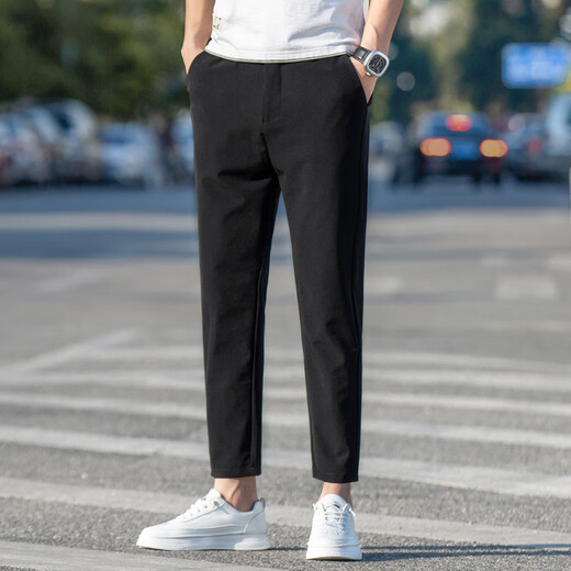 Jiumuwang 2025 new casual pants cropped pants men summer slim ice silk straight versatile thin pants men black-Y9905 black-Y9905 28