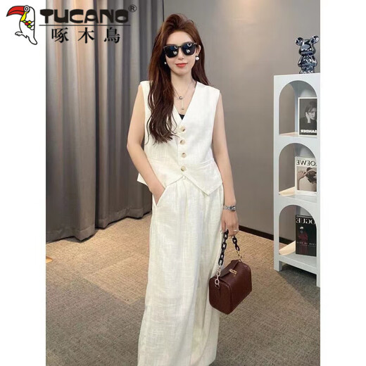 啄木鸟（TUCANO）轻奢亚麻两件套装2025夏季无袖马甲套装阔腿裤套装高端线月光初恋 白色马甲+裤子 S