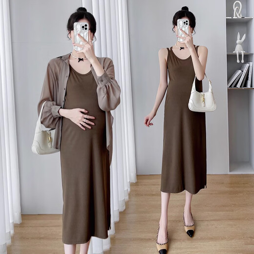 Jingqi MATERNITY SUIT 2025 Spring New Style Robe Top Cardigan Suspender Long Jirt Suit Spring and Automn Vêtements Femmes Thin Mironde + Jupe Black Suspende