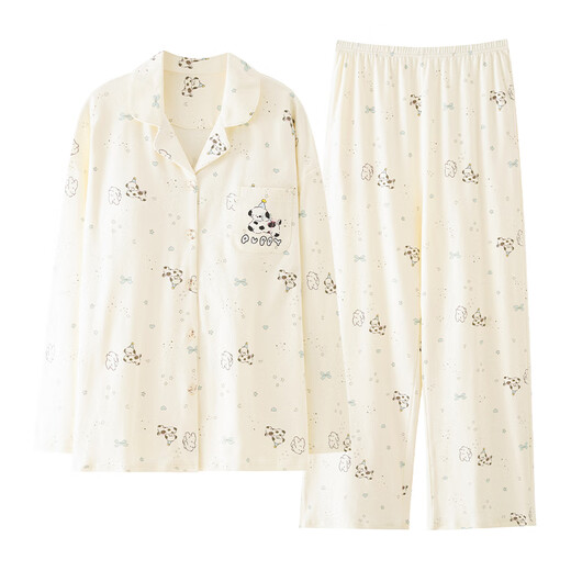 
Cat men women's pajamas spring and autumn 2025 new long-sleeved cartoon star puppy print cute home clothes beige L