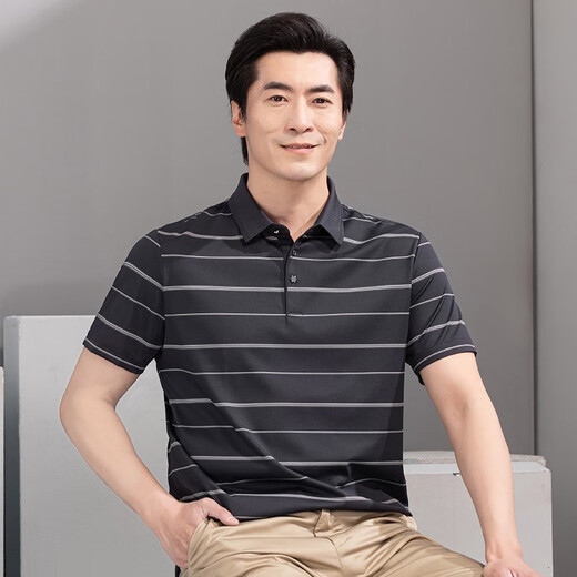 红都夏季新款男士短袖T恤商务休闲翻领簿款条纹微弹中年半袖t恤衫 咖色ta9226-2 均码 180/96A