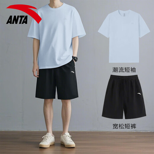 安踏休闲运动套装男夏季新款纯棉短袖T恤短裤宽松运动服青少年两件套 【套装】-1纯净白 L/175