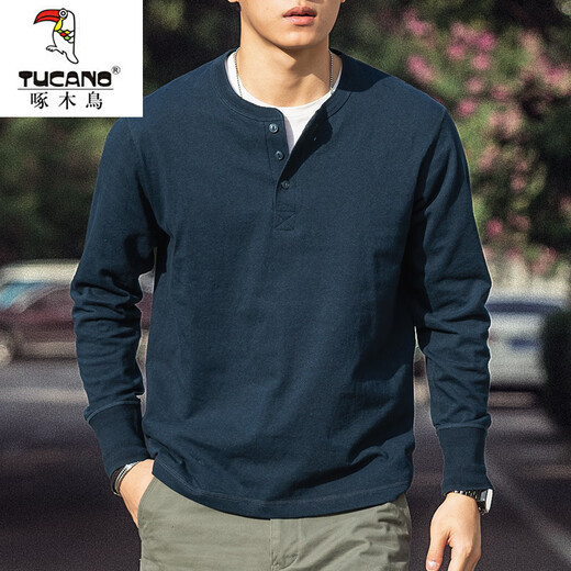 Woodpecker American Retro Henley Long Sleeve T-Shirt Men's 2025 Autumn 250g Pure Cotton Side Seamless Henley Collar Bottoming Shirt Denim Blue 250g Pure Cotton M Reference 125-140Jin Jin is equal to 0.5 kg