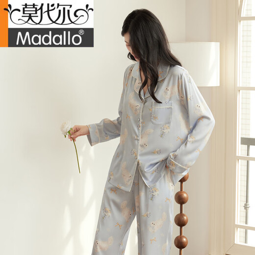 Modal 2025 Casual Pyjamas für Frauen im Frühling und Herbst Neue Heimkleidung Set süß bedrucktes Ice Seide Pyjamas Langarmes Zwei-teiliger Set für Frauen 8185# Light Blue M.