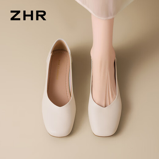 ZHR thick heel boat shoes for women, shallow mouth simple women's shoes for summer commuting single shoes for women AH677 beige 40