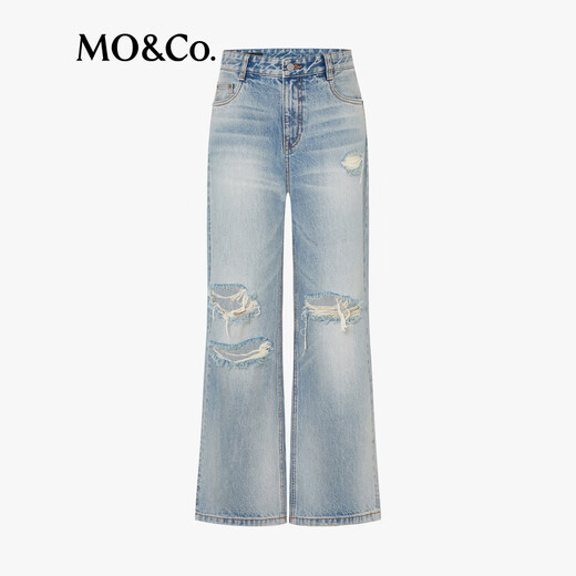MO&Co.牛仔裤2025夏新品重工绳染手磨破洞中低腰直筒裤MBE2JEN002 牛仔蓝色 XS /XS