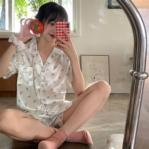 欧伦黛ins新款碎花冰丝睡衣女夏季薄款小清新休闲少女家居服套装可外穿 套YFY9905【丝滑凉感型】 M 【建议80-100斤】