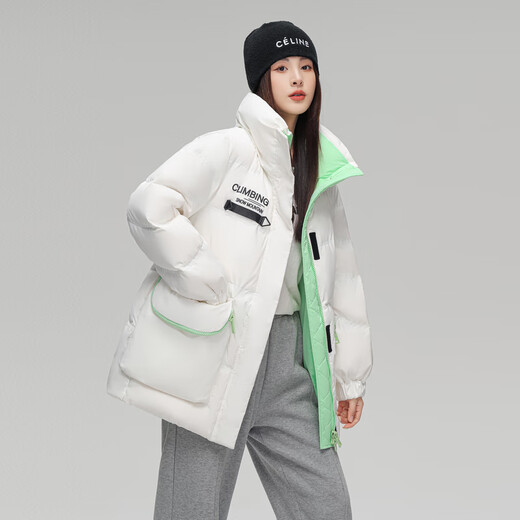 雪中飞【反季清仓】2025新款撞色克莱茵蓝工装大口袋女士中长款羽绒服 白色|8162 M /160/84A
