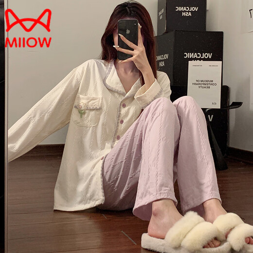 猫人（MiiOW）轻奢睡衣女春秋季纯棉长袖大码可外穿新款风带胸垫家居服套装 DJ-1391 M