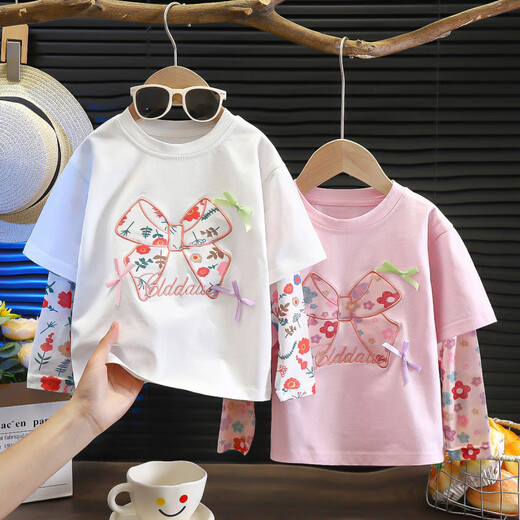 No. 1 Phoenix girls short-sleeved T-shirt 2024 summer new fake two-piece sun protection clothing ice silk sleeves refreshing, comfortable and breathable sun protection T-shirt white 80 cm
