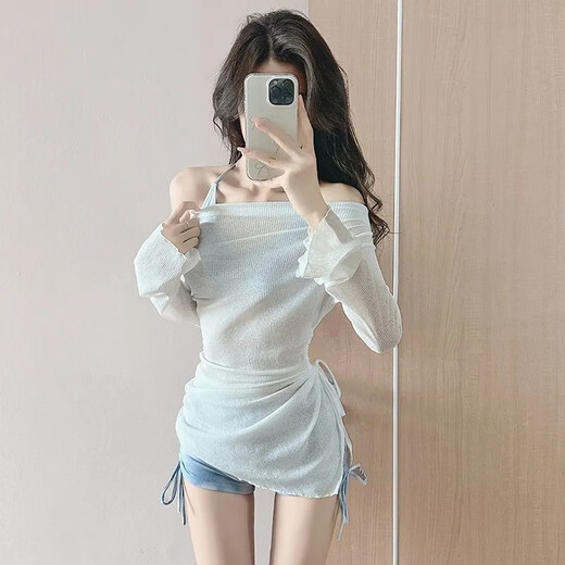 Bangbo swimsuit female pure lust seaside beach bikini cover-up boxer split swimsuit three-piece hot spring swimsuit denim blue swimsuit three-piece set with chest pad one size (80-120Jin Jin is equal to 0.5 kg)