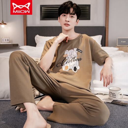 Catman Miiow Pure Cotton Pyjamas Herren Sommer kurzärmelige Hosen Jährlich-auf-Sommer-Dünne Baumwolle Largesize Casusize-Home-Kleidungsstückset YS9201 L Geeignet für -120jin [Jin gleich 0,5 kg] Verschleiß