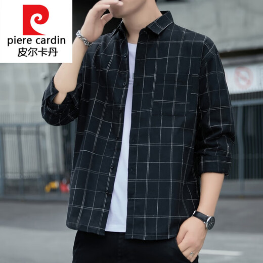 Pierre cardin knitted American plaid shirt jacket for men 2025 spring and autumn style trendy long sleeve men young people loose casual and versatile K12108 white M
