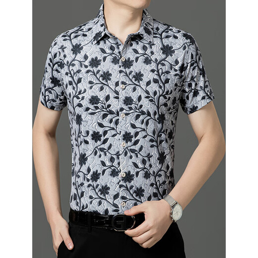 
Seven Wolf (SW1960) summer print short-sleeved floral shirt men's handsome Chinese style dragon pattern ice silk inch shirt half-sleeved casual dad suit yellow 9898 S 165