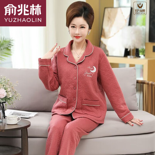 俞兆林夹层棉睡衣女中年妈妈纯棉长袖中老年家居服春秋冬季加厚保暖套装 LH3887 M 建议体重80-100斤