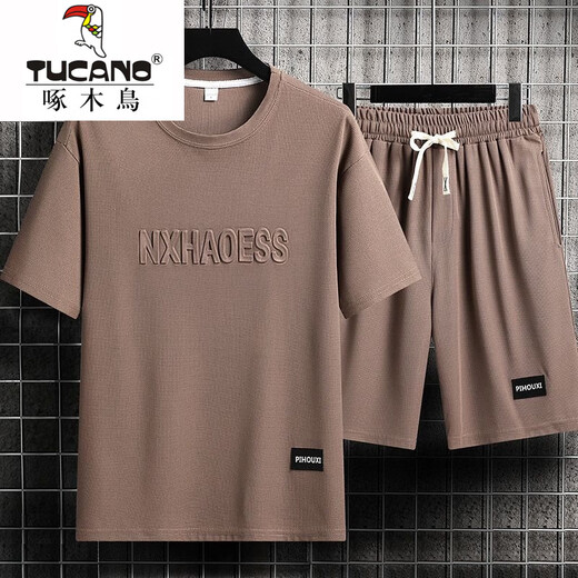 
Woodpecker Men's Summer Suit Teen Short Sleeve T-shirt Thin Ice Silk Two-Piece Set Casual Sportswear Five-Critical Shorts Pants [Set] 829 Gray L Recommended 110-130Jin [Jin equals 0.5 kg]