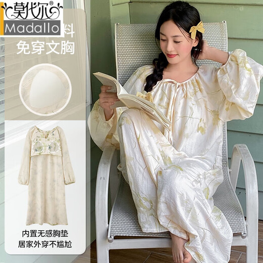 Modal nightgown with chest pad thin extended pajamas new style dress Chinese style long-sleeved Chinese style exterior home clothing [upgrade] chest pad # extended skirt AM13063 M [recommended 80-100Jin [Jin equals 0.5 kg]]