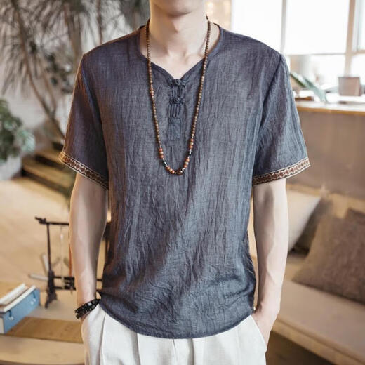 左斯客中国风男装刺绣T恤男短袖宽松大码薄款休闲盘扣复古棉麻上 686绿色 5XL (190斤内)