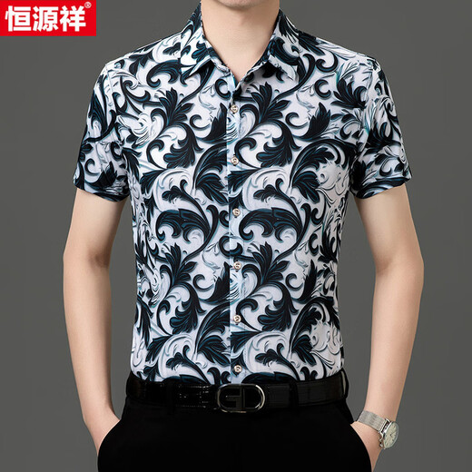 恒源祥夏季桑蚕丝短袖印花衬衫男冰.丝半袖免烫花衬衣休闲中年爸爸薄款 Y81-9898黑色 2XL 180【160-180斤】