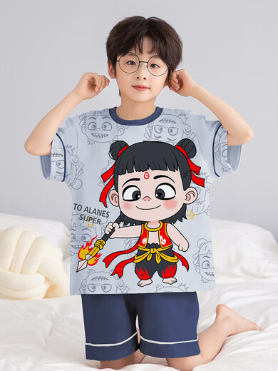 哪咤儿童睡衣青少年男孩纯棉2025新款大童家居服男童短袖短裤吸汗 N694那吒【100%纯棉】 130 【14码】125-135CM 50-60斤