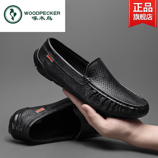Specht Herrenschuhe Sommer 2025 Neue hohle atmungsaktive M.-Beanie-Schuhe echte Lederweiche Sohle ein Fuß Pedal Fahren lässige Lederschuhe Schwarz-9901 Atmungsaktiv 38 Standard Lederschuhe Größe