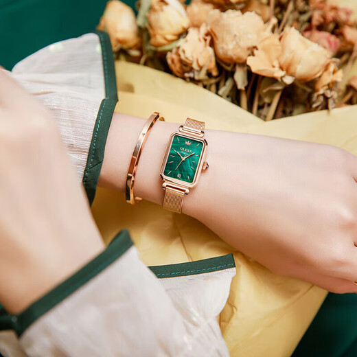 Olevs [Freundin] Klassische Quartz Watch Chinese Trendy Watch Fashion Watch Women's Watch Wasserdes Retro Small Green Watch Geschenk [Temperament und vielseitig] Zeit 6624L Rose Mesh Rose Shell Grün 29 mm Zifferblatt Durchmesser: 22x