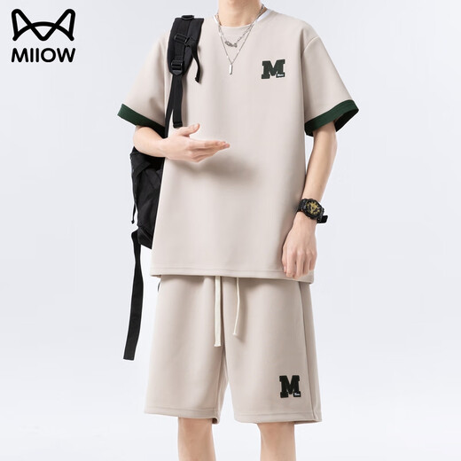 
Catman ice silk casual suit men's cool quick-drying handsome thin loose sports teen shorts shorts two-piece 6677 apricot color XL