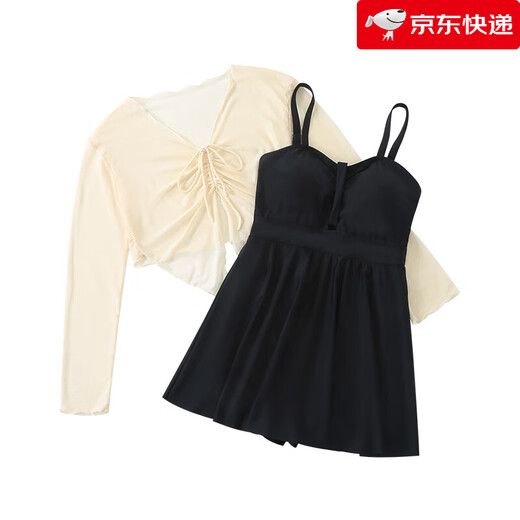 Xiangweier new product 2025 new long-sleeved blouse sun protection two-piece set fat mm swimsuit covering belly and slimming skirt style large one-piece black XL