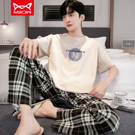 Catman Miiow Pure Cotton Pyjamas Herren Sommer kurzärmelige Hosen Jährlich-auf-Sommer-Dünne Baumwolle Largesize Casusize-Home-Kleidungsstückset YS9201 L Geeignet für -120jin [Jin gleich 0,5 kg] Verschleiß