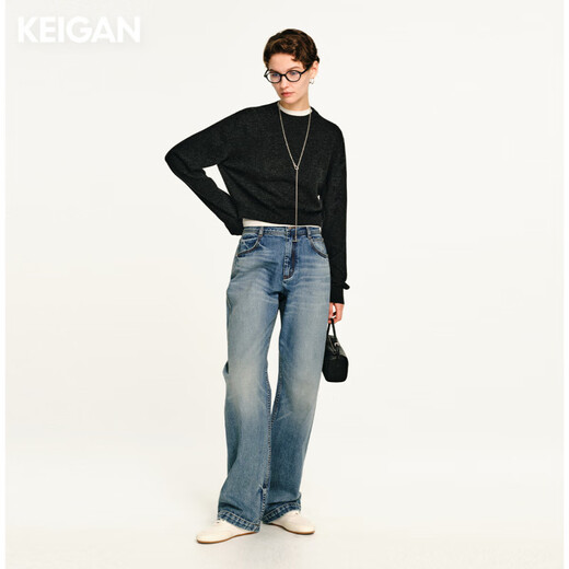 Keigan/Eröffnungsraum Ruf Gott Hosen vier Jahreszeiten importiert japanische modische Drei-Druck-Linie hohe Taille Straight Jeans Frauen VTG Fliesen Blau M 36