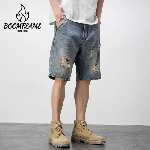 燃爆火焰 BOOMFLAME美式休闲复古乞丐破洞牛仔短裤男宽松潮流痞帅五分裤夏季薄款中裤 719蓝色 28 95-110斤