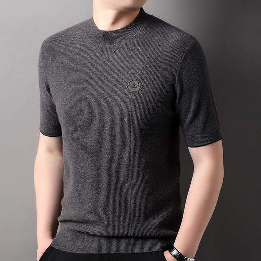 Hengyuanxiang 100% pure wool sweater men's round neck pullover autumn new short-sleeved sweater solid color casual versatile sweater light coffee L 175/50/110