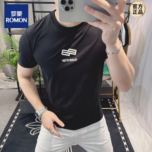 ROMON European station 2025 new embroidered cotton short-sleeved T-shirt men's summer letter-printed slim-fitting top Brown DF9905 L Recommended 110-130 Jin Jin equals 0.5 kg