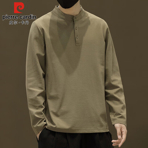 Pierre Cardin long-sleeved T-shirt men's autumn retro trend Henry collar high-end sweatshirt bottoming shirt men's khaki 2XL