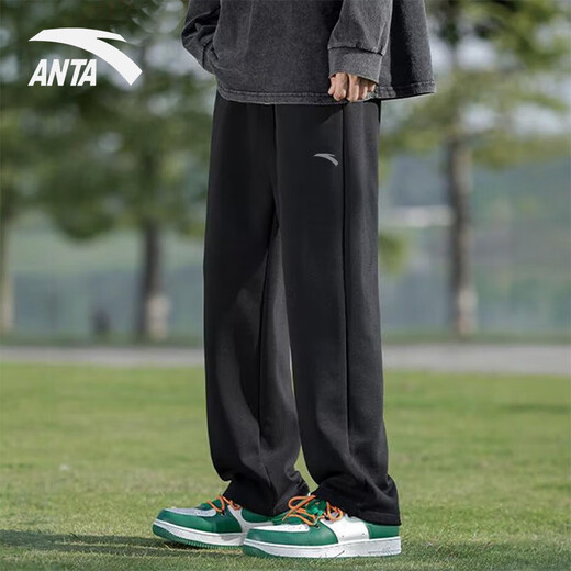 ANTA sweatpants men's autumn and winter new straight plus velvet loose long sweatpants youth pure cotton men's casual pants men's style A black regular straight - embroidered logo - zipper pocket L /175 (120-140Jin Jin equals 0.5 kg) shipped within 24 hours